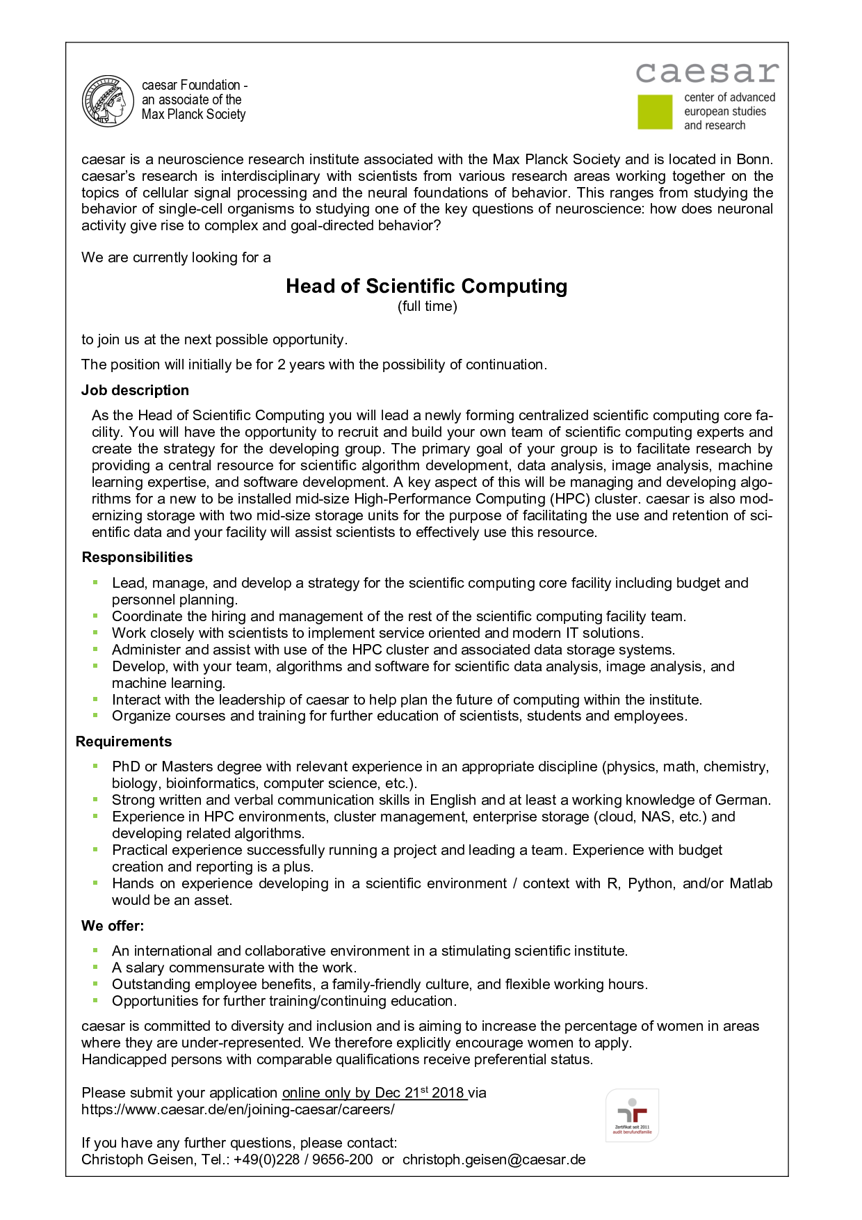 20181123 Head of Scientific Computing job ad