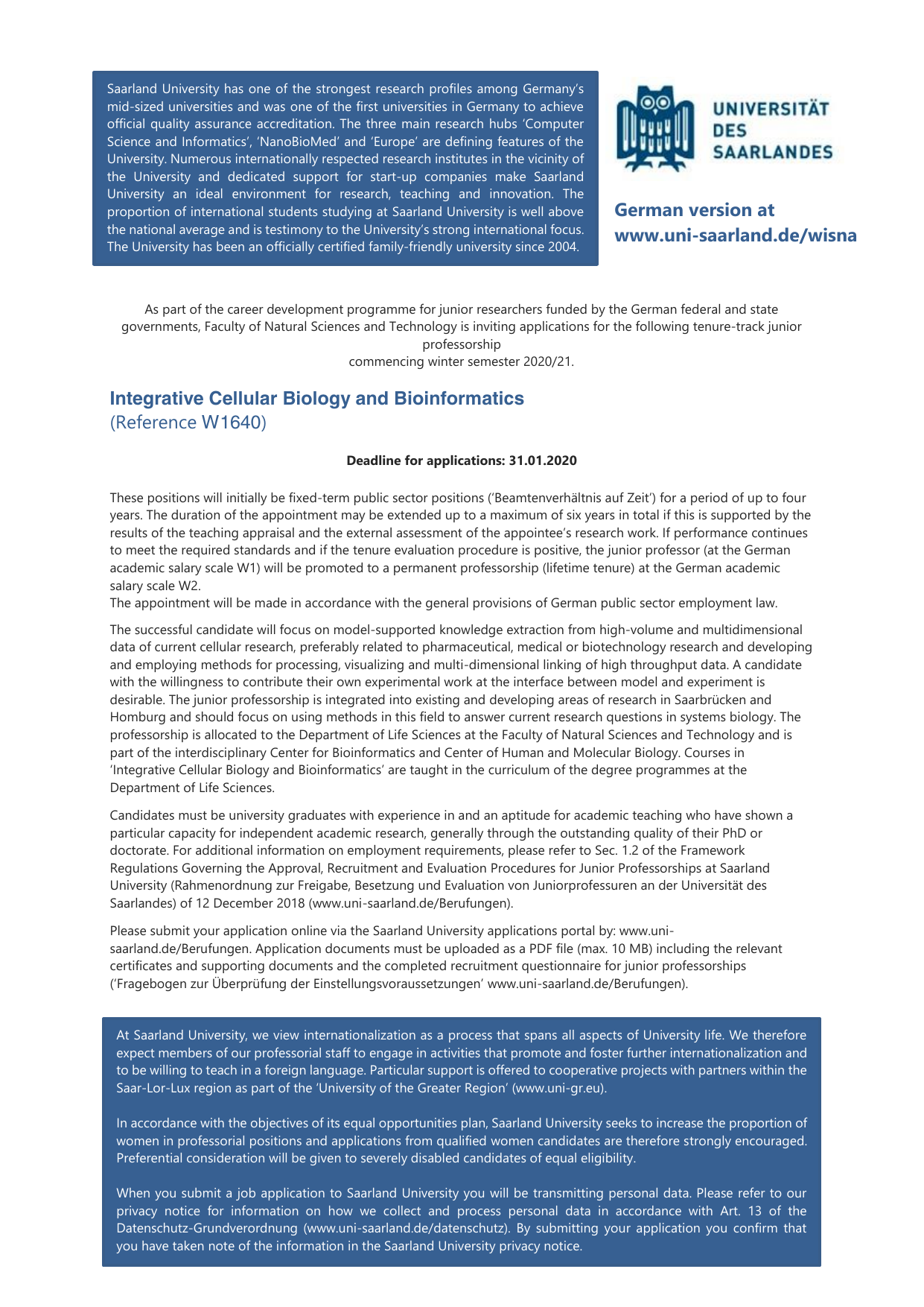 Integrative Cellular Biology and Bioinformatics Uni Saarland 2020