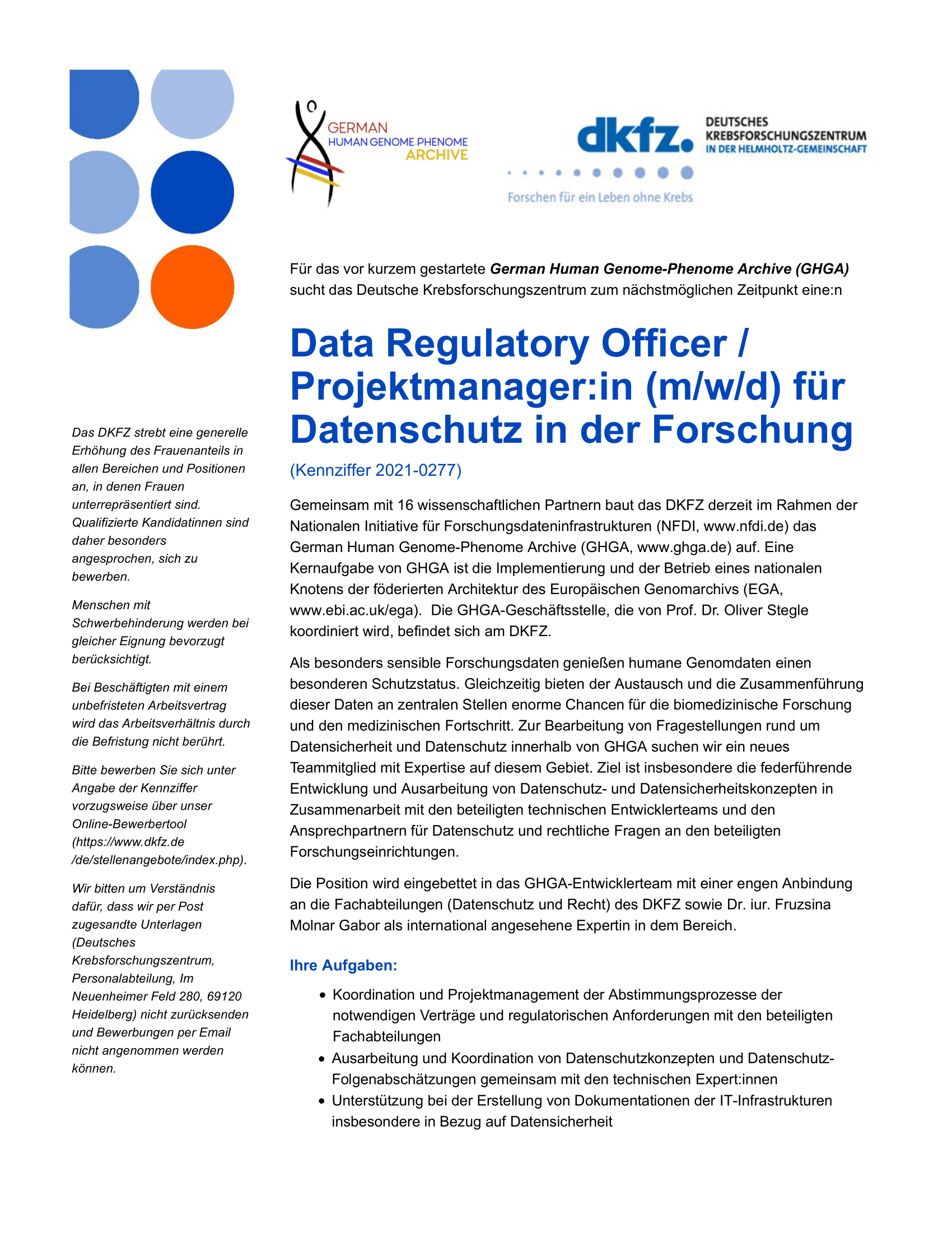 2021 0277 Data Regulatory Officer Projektmanager fr GHGA 1